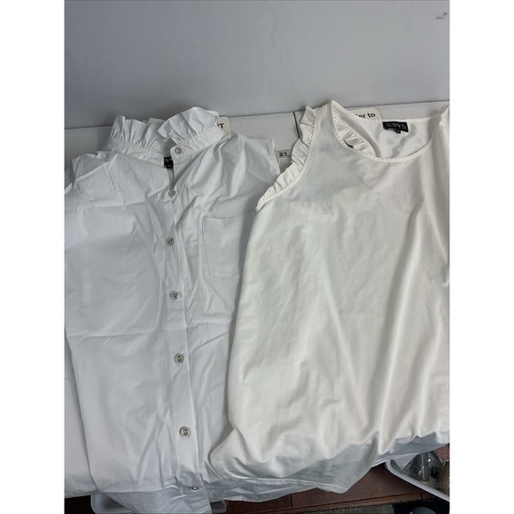 SSYS Tops - Classic White Ruffle-Neck Button Shirt and Sleeveless Top Set - White